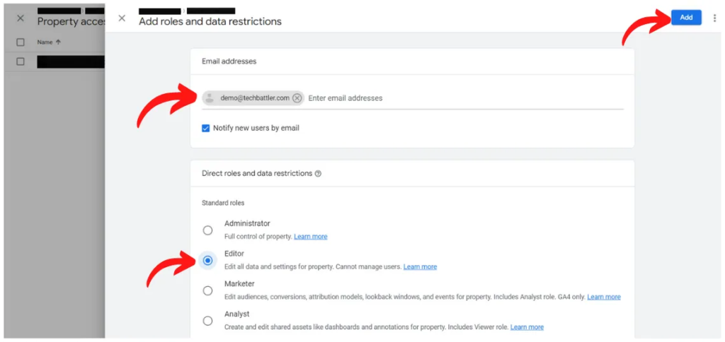 google analytics add roles and data restrictions