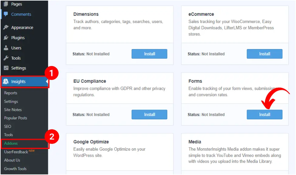Install MonsterInsights Forms Addon