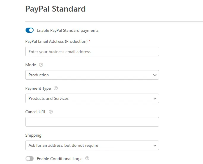 PayPal standard settings