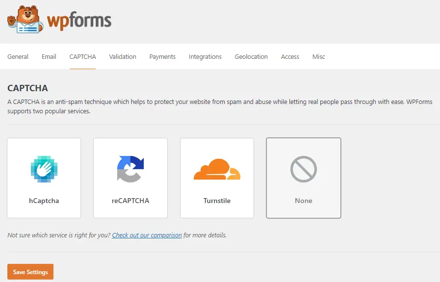 WPforms hcaptcha settings