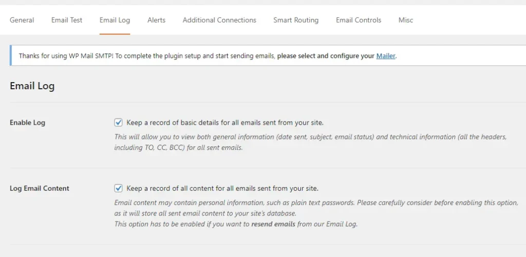 wp mail smtp email log options