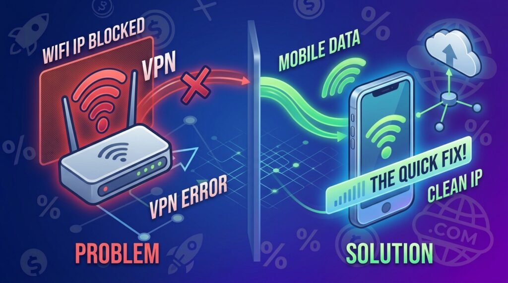 Infographic explaining how switching from blocked Wi-Fi to a clean mobile hotspot fixes domain proxy errors