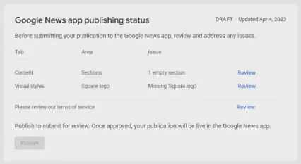 Google News Review and publish error settings